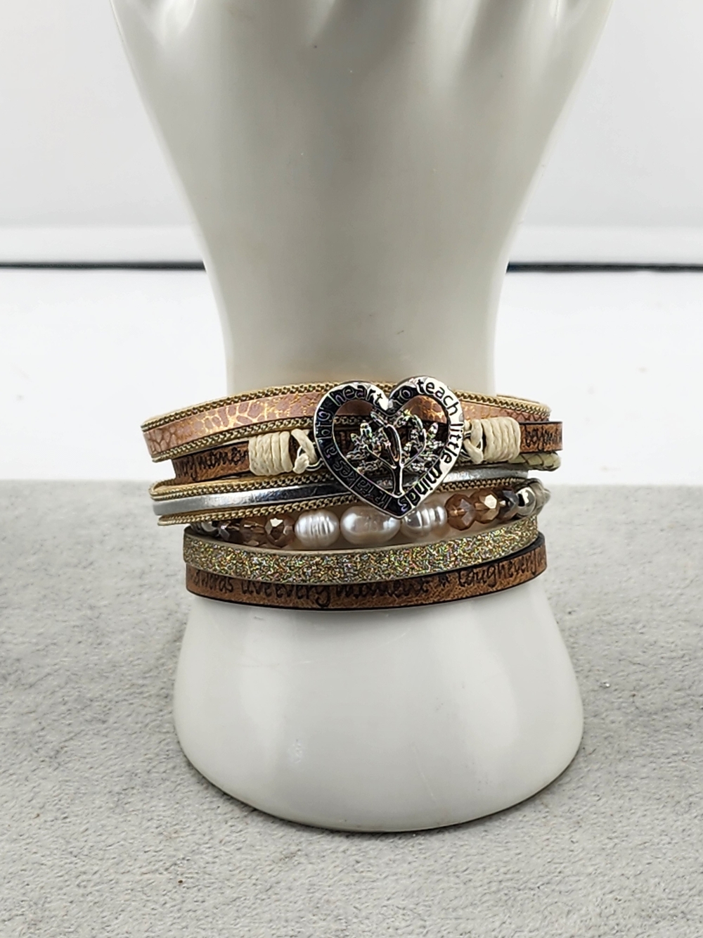 6.5in Closed - Multi-Layer Brown and Gold Heart Charm Bracelet